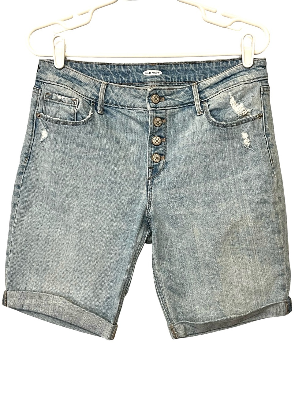 Old‎ Navy Mid-Rise Distressed Button-Fly Bermuda Shorts Color Misty Blue, Sz 8